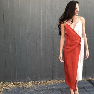 Midi Linen Wrap Dress (Beige and Orange)